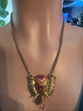 Betsey Johnson Gold Elephant Necklace with Pink and Green Accents